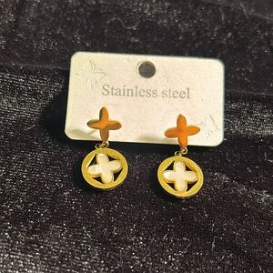 Stainless Steel White and Gold clover dangle earrings for women